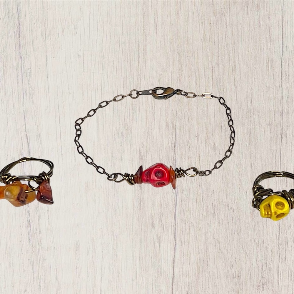 3 PACK skull gemstone crystal rings & bracelet wire wrapped jewelry